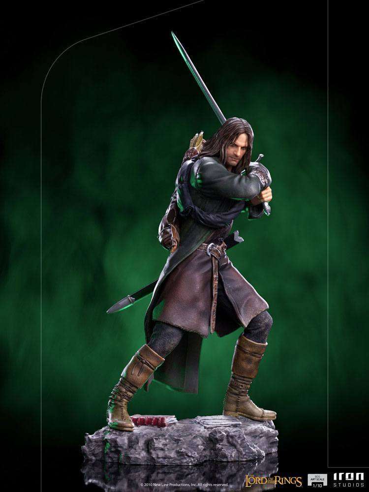 Iron Studios 1/10 scale Aragorn statue from Lord of the Rings, featuring a detailed ranger in a combat pose.