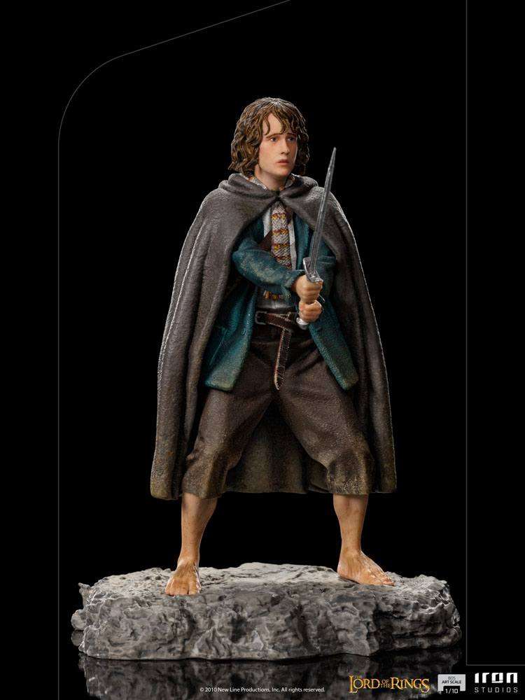 Iron Studios 1/10 scale Pippin statue from Lord of the Rings, featuring the hobbit in a cloak holding a small sword.