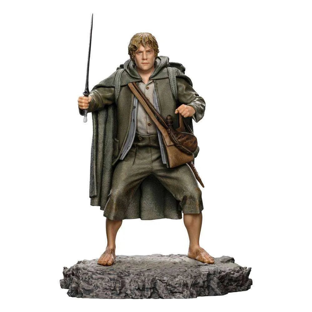 Iron Studios 1/10 scale Sam statue from Lord of the Rings, featuring Samwise Gamgee holding Sting on a rocky base.