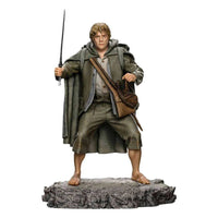 Iron Studios 1/10 scale Sam statue from Lord of the Rings, featuring Samwise Gamgee holding Sting on a rocky base.