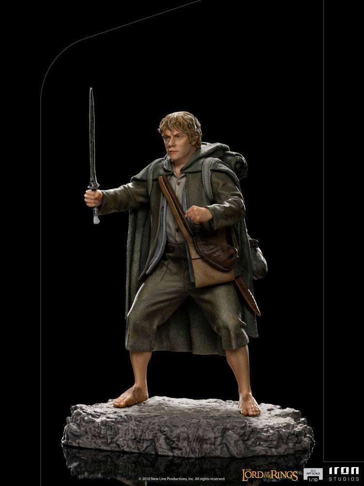 Iron Studios 1/10 scale Samwise Gamgee statue holding Sting on a rocky base, side view against a black background.