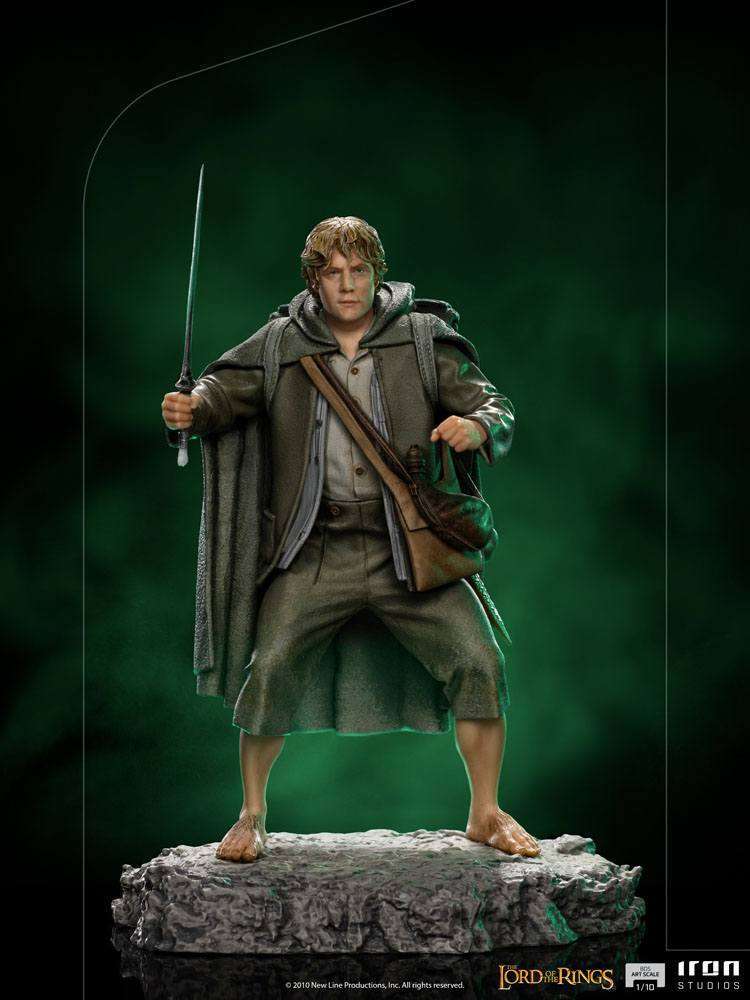 Iron Studios 1/10 scale Samwise Gamgee statue holding Sting, featuring detailed fabric textures on a rocky base.