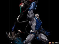Iron Studios 1/10 Apocalypse Deluxe statue featuring the X-Men villain in blue and grey armor with a raised mechanical arm.