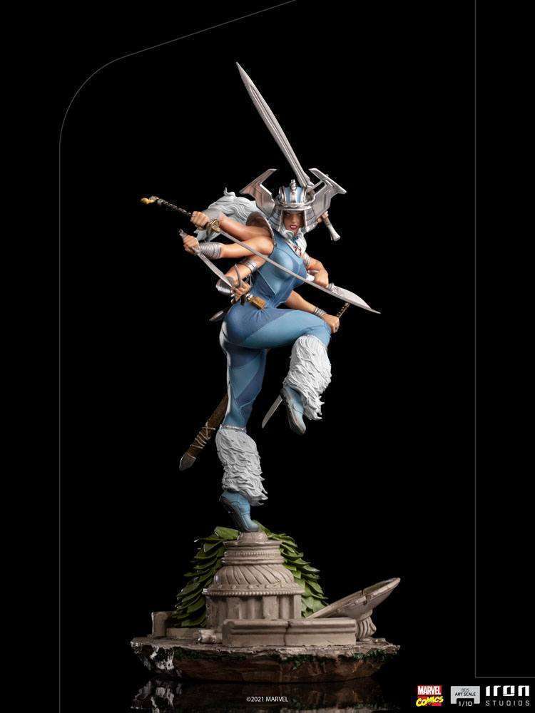Iron Studios Spiral 1/10 scale statue in a dynamic pose with six arms, swords, and blue costume on a detailed base.
