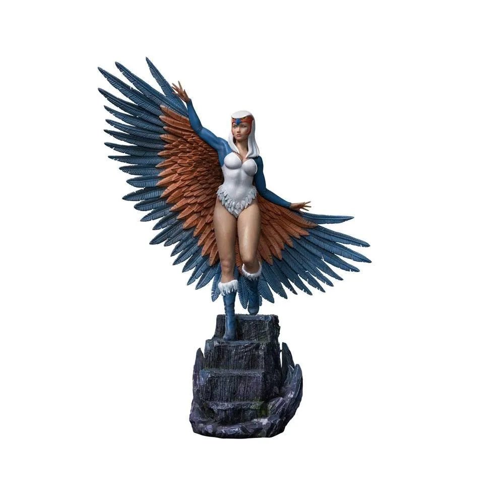 Iron Studios Sorceress 1/10 scale statue featuring blue and brown wings, white bodysuit, and rocky base, front view.