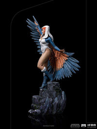 Side view of the 30 cm Iron Studios Sorceress BDS Art Scale statue featuring blue and white wings on a rocky base.
