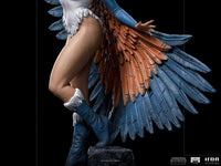 Side view of the 30 cm Iron Studios Sorceress statue featuring detailed blue and orange feathered wings.