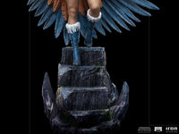 Iron Studios Sorceress 1/10 scale statue showing a close-up of the feathered wings and rocky base from the back.