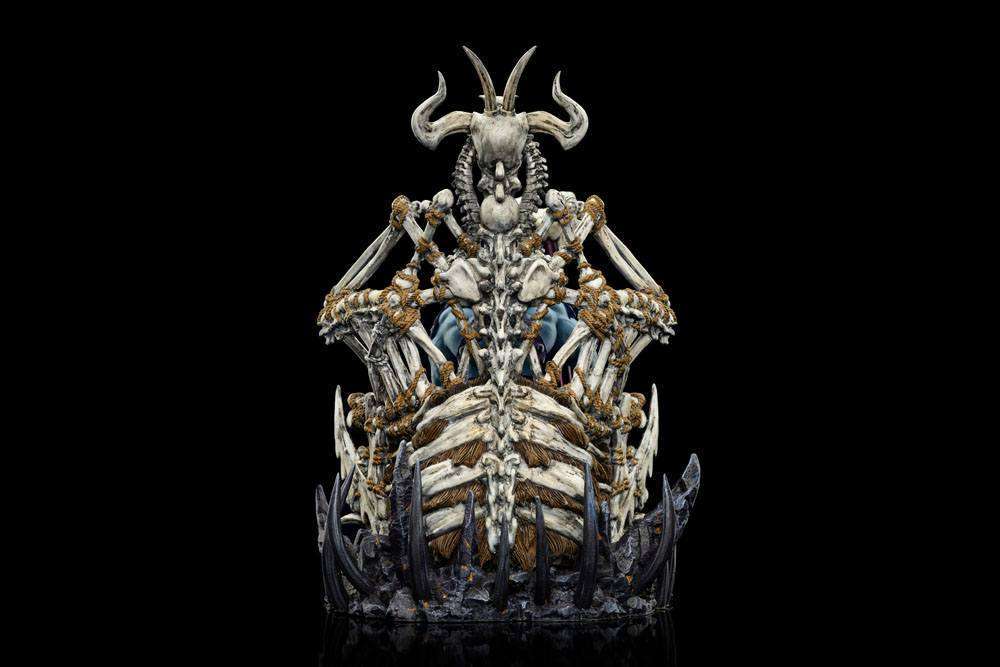 Back view of the Iron Studios Skeletor on Throne Deluxe 1/10 scale statue featuring a detailed bone-constructed chair.