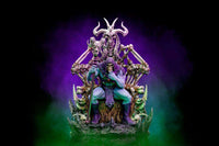 Iron Studios 1/10 Skeletor on Throne Deluxe statue, featuring the blue villain seated on a bone throne, front view.