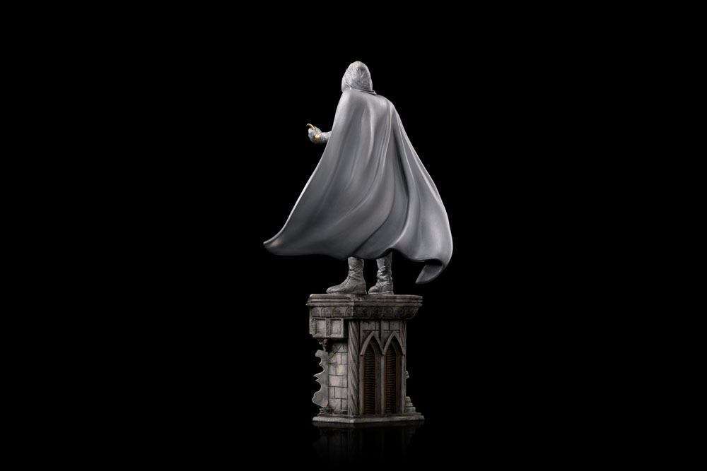 Back view of the 30 cm Iron Studios Moon Knight 1/10 scale statue featuring a flowing white cape on a stone base.