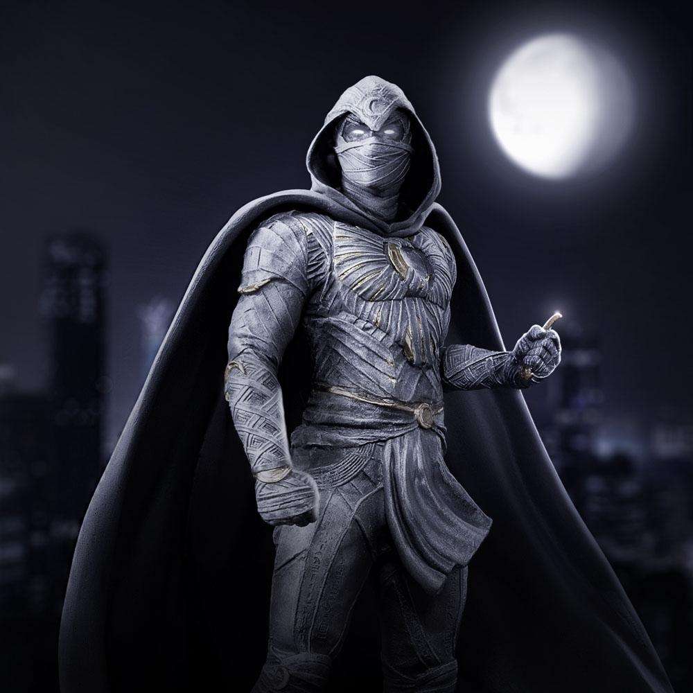 Iron Studios 1/10 Moon Knight statue front view, featuring a detailed white hooded costume against a full moon background.
