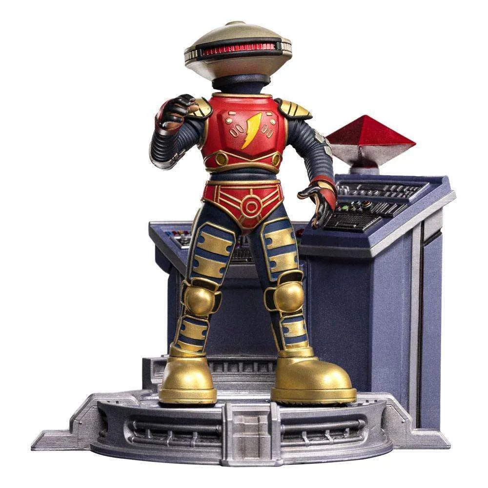 Iron Studios 1/10 Alpha 5 statue in a front view, featuring a red and gold robotic figure standing on a control console.