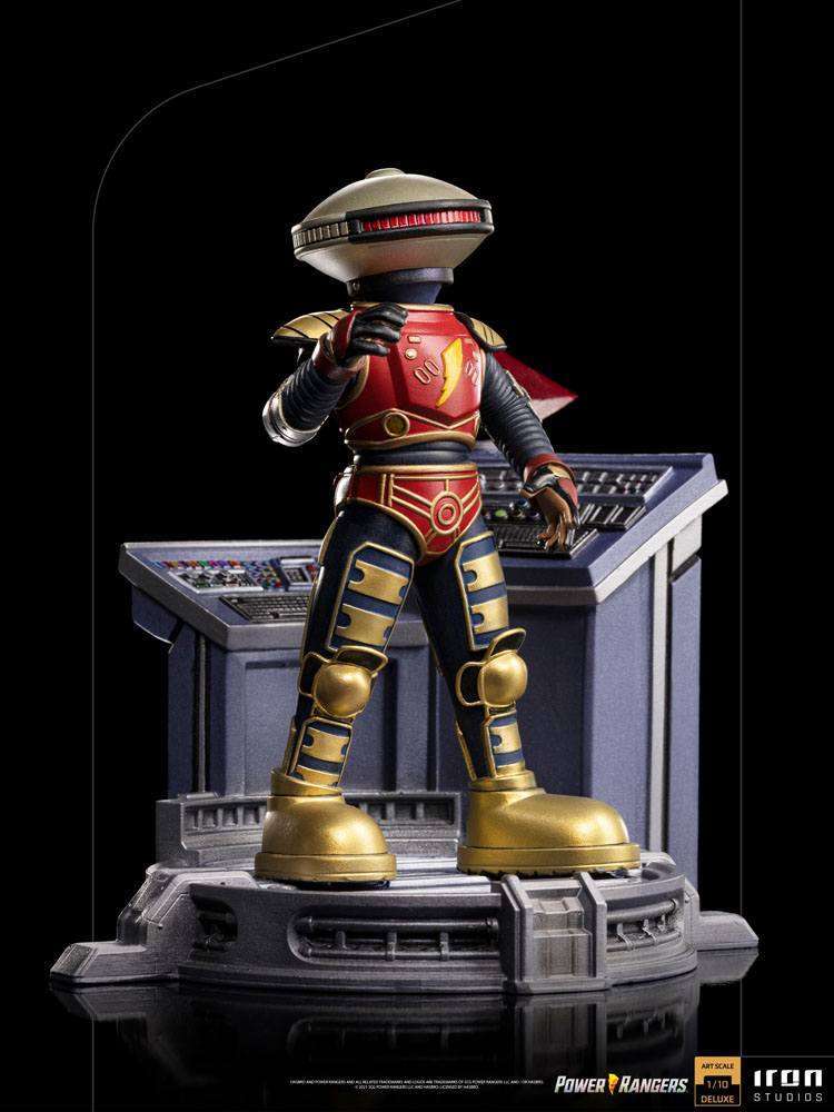 Iron Studios 1/10 scale Alpha 5 statue featuring a metallic red and gold robot standing on a command center console base.