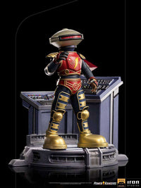Iron Studios 1/10 scale Alpha 5 statue featuring a metallic red and gold robot standing on a command center console base.