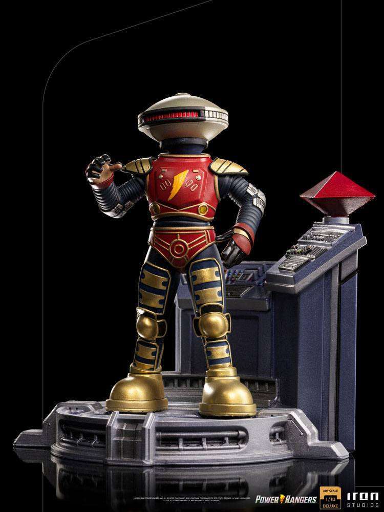 Iron Studios Alpha 5 1/10 scale statue in red, gold, and blue, standing on a detailed command center base.
