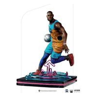 Iron Studios LeBron James 1/10 scale statue from Space Jam: A New Legacy, showing the player dribbling on a neon base.