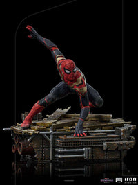 Iron Studios Spider-Man No Way Home 1/10 scale statue in a dynamic crouching pose on a detailed industrial base.