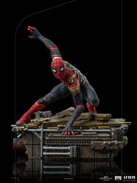Iron Studios Spider-Man No Way Home 1/10 scale statue in a dynamic crouched pose on a detailed industrial base.