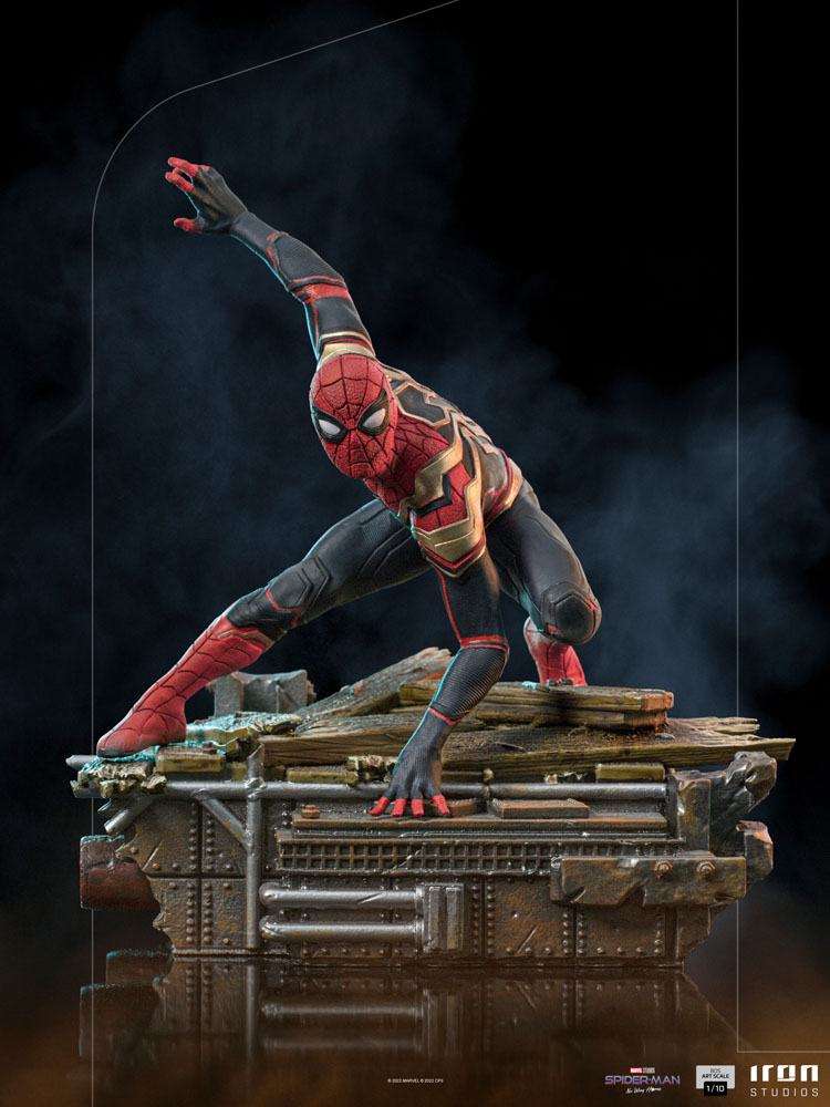 Iron Studios Spider-Man No Way Home 1/10 scale statue in a dynamic crouched pose on a detailed industrial base.