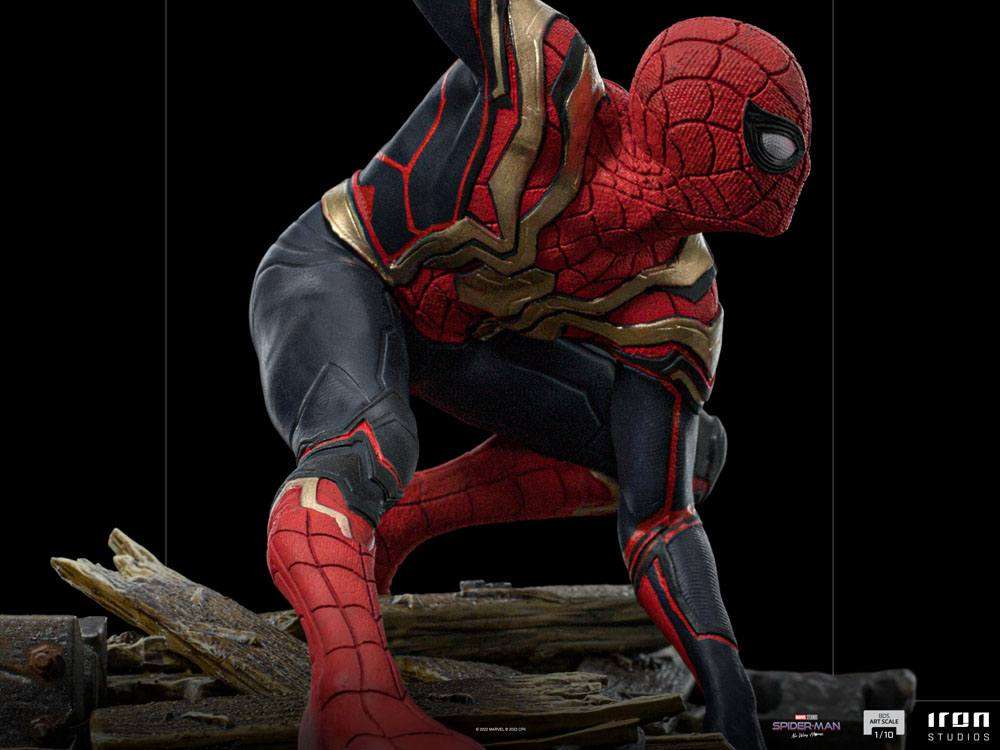Side view of Iron Studios Spider-Man No Way Home 1/10 scale statue in a crouching pose with red and gold suit details.