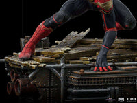 Close-up of Iron Studios Spider-Man No Way Home 1/10 scale statue showing the red and black suit on a debris base.