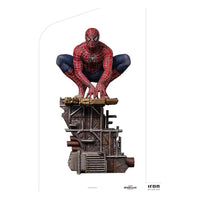 Iron Studios Spider-Man Peter #2 1/10 scale statue crouching on a detailed industrial rubble base.
