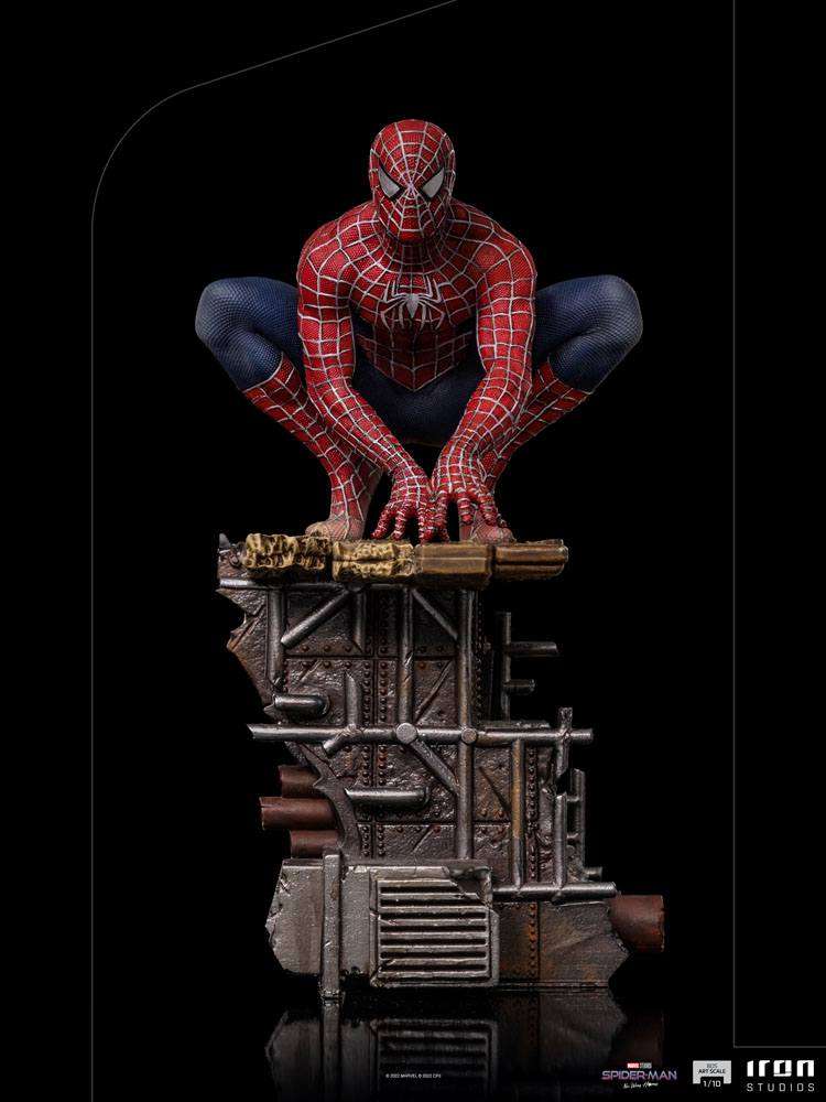 Iron Studios Spider-Man: No Way Home 1/10 scale statue featuring Peter #2 crouching on a detailed industrial base.