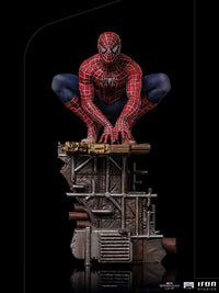 Iron Studios Spider-Man: No Way Home 1/10 scale statue featuring Peter #2 crouching on a detailed industrial base.