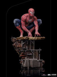 Iron Studios 1/10 Spider-Man Peter #2 statue crouching on a detailed, weathered industrial rooftop base.