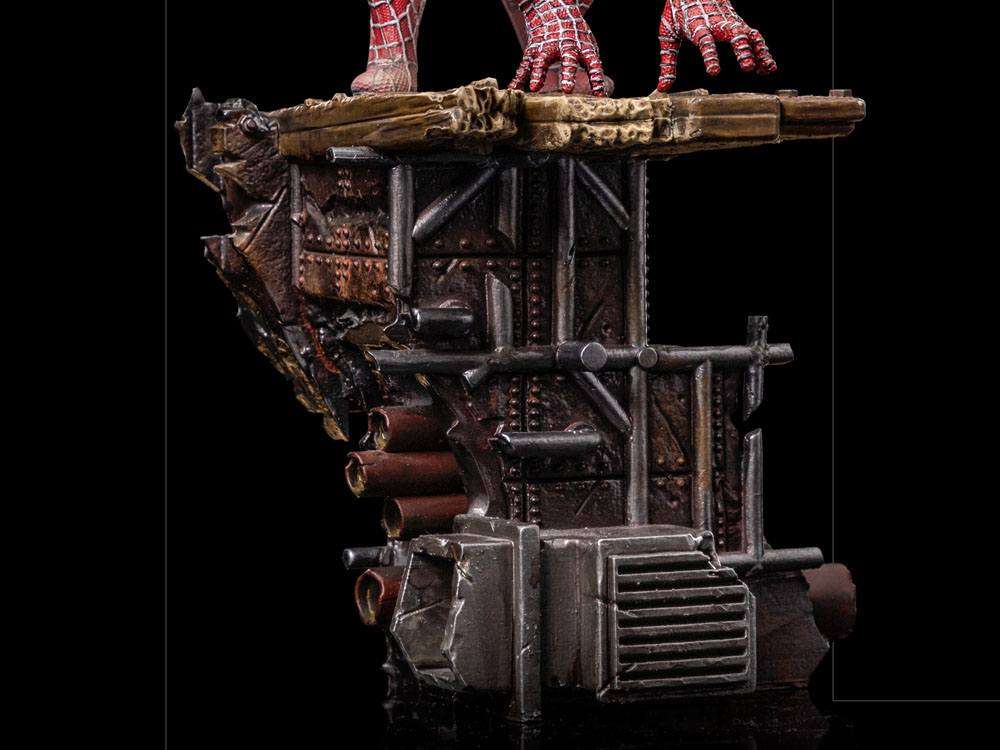Iron Studios Spider-Man Peter #2 statue base featuring a detailed, weathered industrial metal platform.