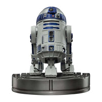 Front view of the 13 cm Iron Studios R2-D2 Star Wars Art Scale statue in blue and white on a circular black base.