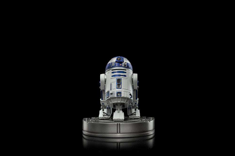 Front view of the 13 cm Iron Studios R2-D2 Star Wars Art Scale statue in white and blue on a circular display base.