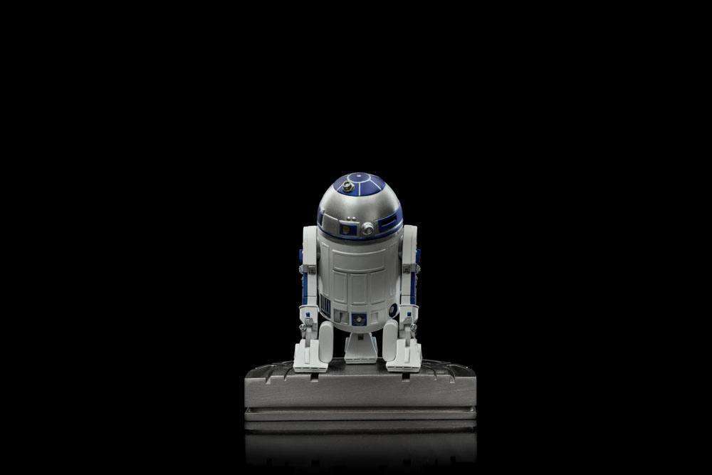 Front view of the 13 cm Iron Studios R2-D2 Star Wars Art Scale statue in white, blue, and silver on a display base.