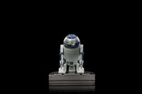 Front view of the 13 cm Iron Studios R2-D2 Star Wars Art Scale statue in white, blue, and silver on a display base.