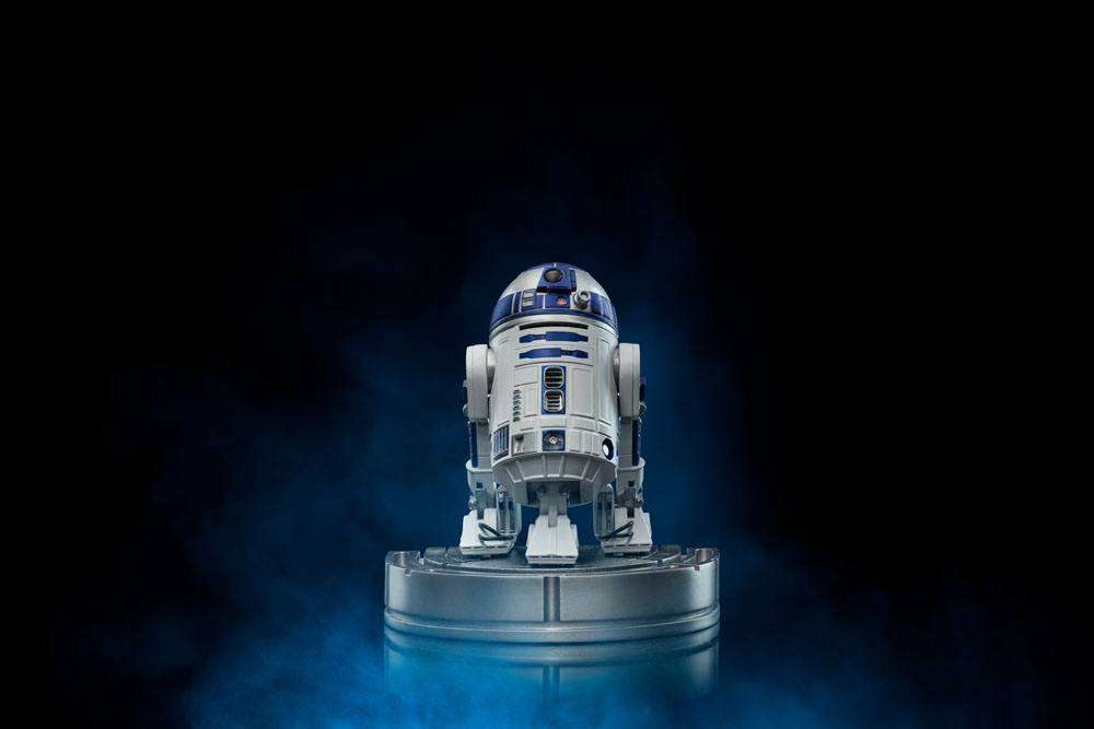 Front view of the 13 cm Iron Studios R2-D2 Star Wars Art Scale statue in white and blue on a circular display base.