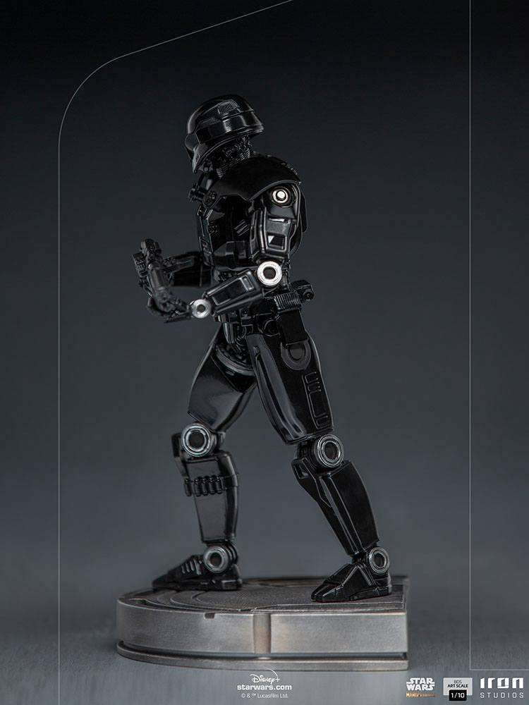 Side view of the Iron Studios 1/10 scale Dark Trooper statue, featuring a glossy black mechanical armor design.