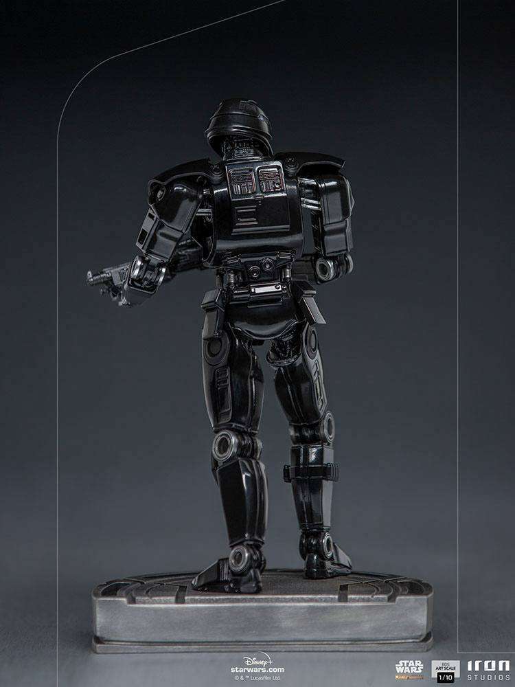 Back view of the Iron Studios Dark Trooper 1/10 scale statue featuring a glossy black metallic finish on a base.