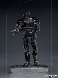 Back view of the Iron Studios Dark Trooper 1/10 scale statue featuring a glossy black metallic finish on a base.