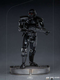 Iron Studios 1/10 Dark Trooper statue from The Mandalorian, featuring a glossy black armored droid on a circular base.