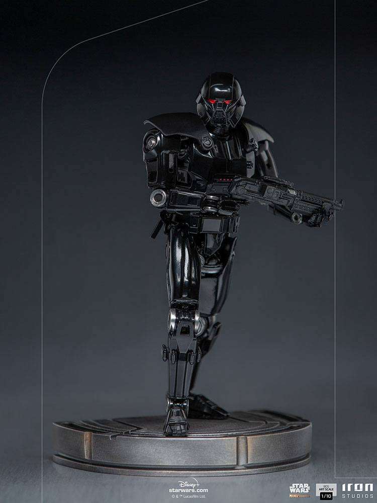 Iron Studios 1/10 Dark Trooper statue from The Mandalorian, featuring a glossy black finish and glowing red eyes.