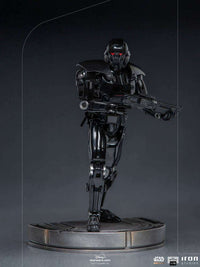 Iron Studios 1/10 Dark Trooper statue from The Mandalorian, featuring a glossy black finish and glowing red eyes.