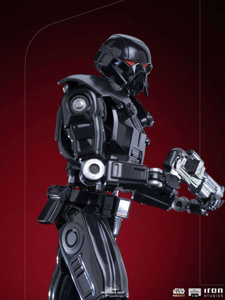 Side view of the Iron Studios 1/10 scale Dark Trooper statue featuring a glossy black finish and glowing red eyes.