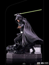 Iron Studios 1/10 Luke Skywalker Combat Version statue in black robes with a green lightsaber standing on a base.