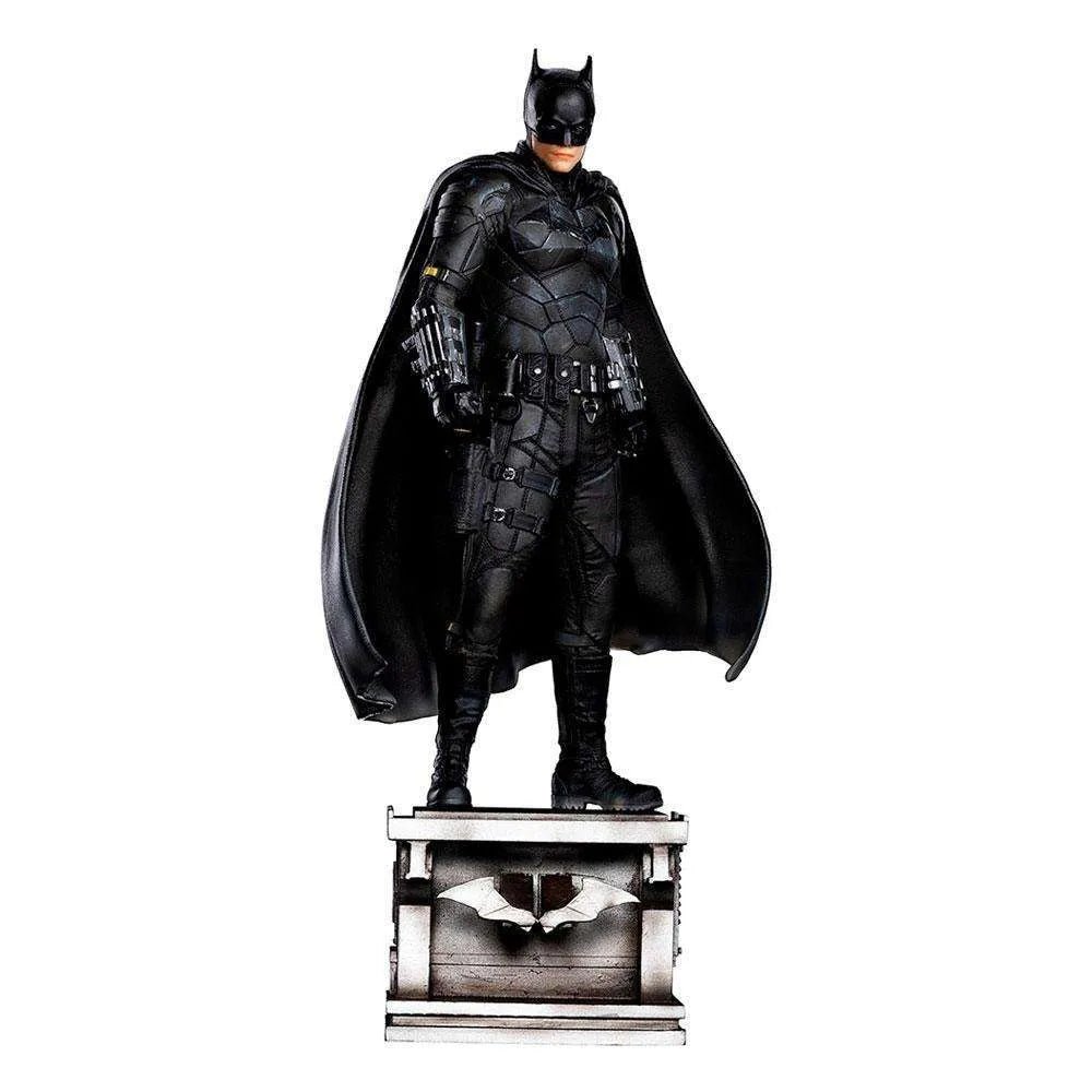 Front view of Iron Studios The Batman 1/10 scale statue featuring the hero in a black tactical suit on a base.