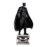 Front view of Iron Studios The Batman 1/10 scale statue featuring the hero in a black tactical suit on a base.