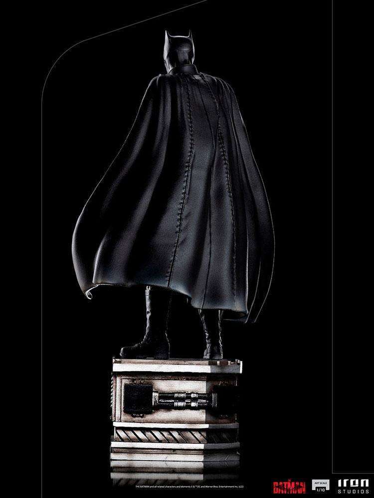 Back view of Iron Studios The Batman 1/10 scale statue featuring a textured black cape on a detailed display base.