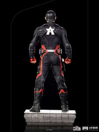 Back view of Iron Studios John Walker U.S. Agent 1/10 scale statue in a black and red tactical suit on a stone base.
