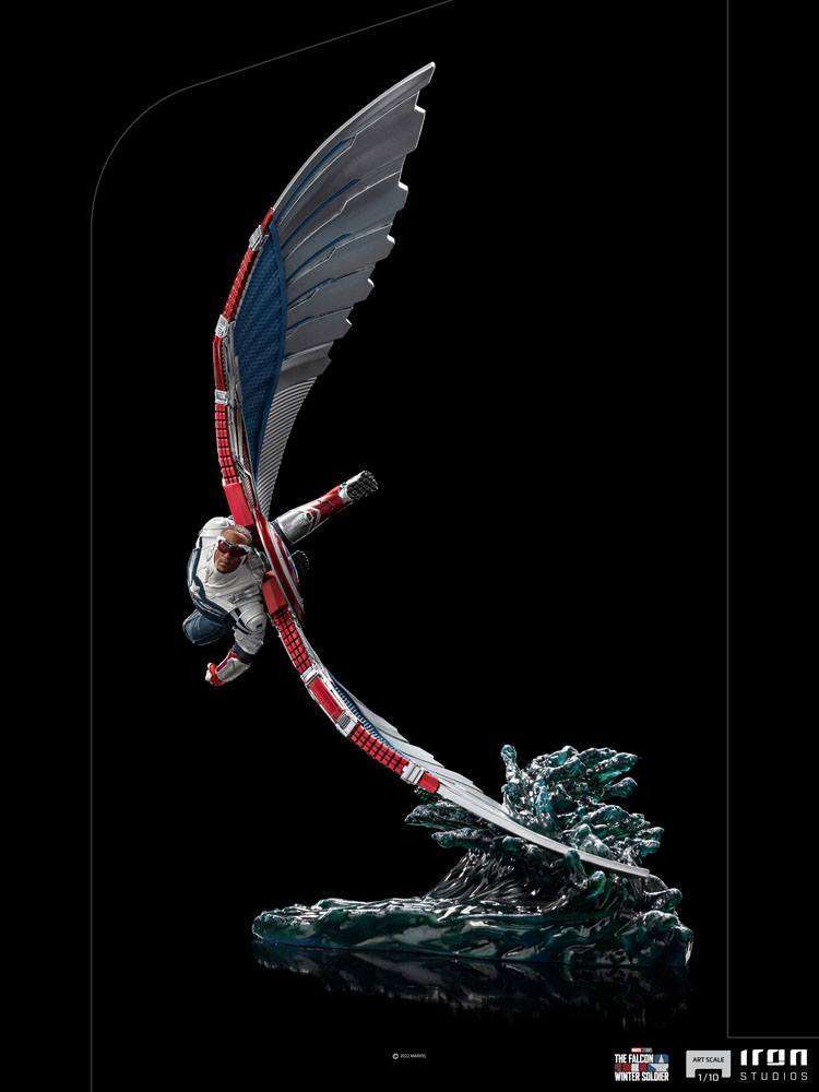 Iron Studios 1/10 scale Captain America Sam Wilson statue in a dynamic flying pose with red, white, and blue wings.