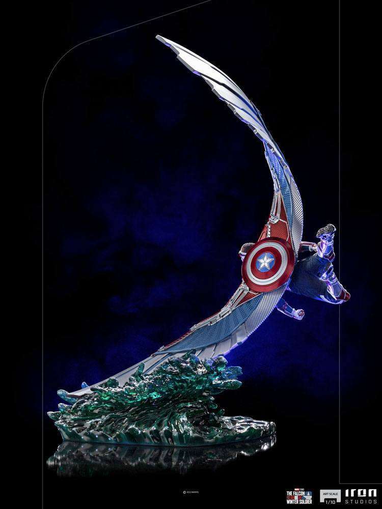 Iron Studios Sam Wilson Captain America 1/10 scale statue in a dynamic flight pose with wings and shield on a water base.